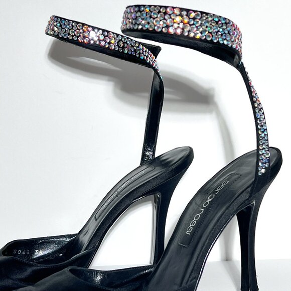 Sergio Rossi Swarovski Crystal Ankle Wrap High Heel Black Satin Shoe Sz 38 - Picture 1 of 15